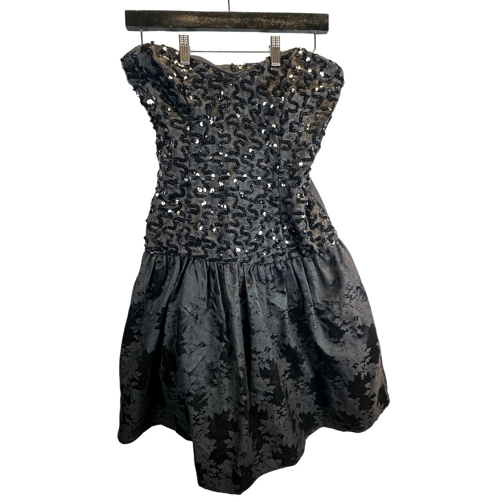 Vintage Jessica McClintock Gunne Sax Black Sequin Brocade Strapless Dress 9/10